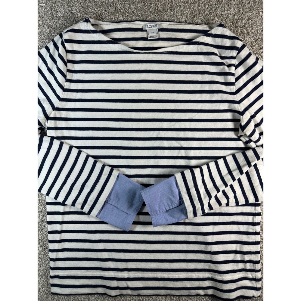 J.Crew Navy White Striped Boatneck Top Blue Contrast Cuffs G9217 XS